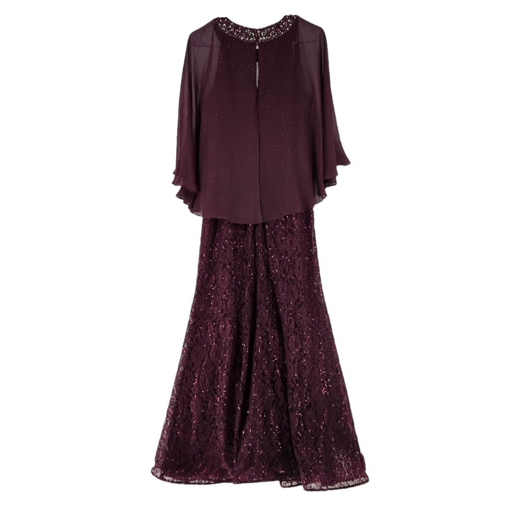 SLNY Women's Burgundy Sequined Rhinestone Capelet Maxi Formal Sheath Dress - 8P - Picture 6 of 8